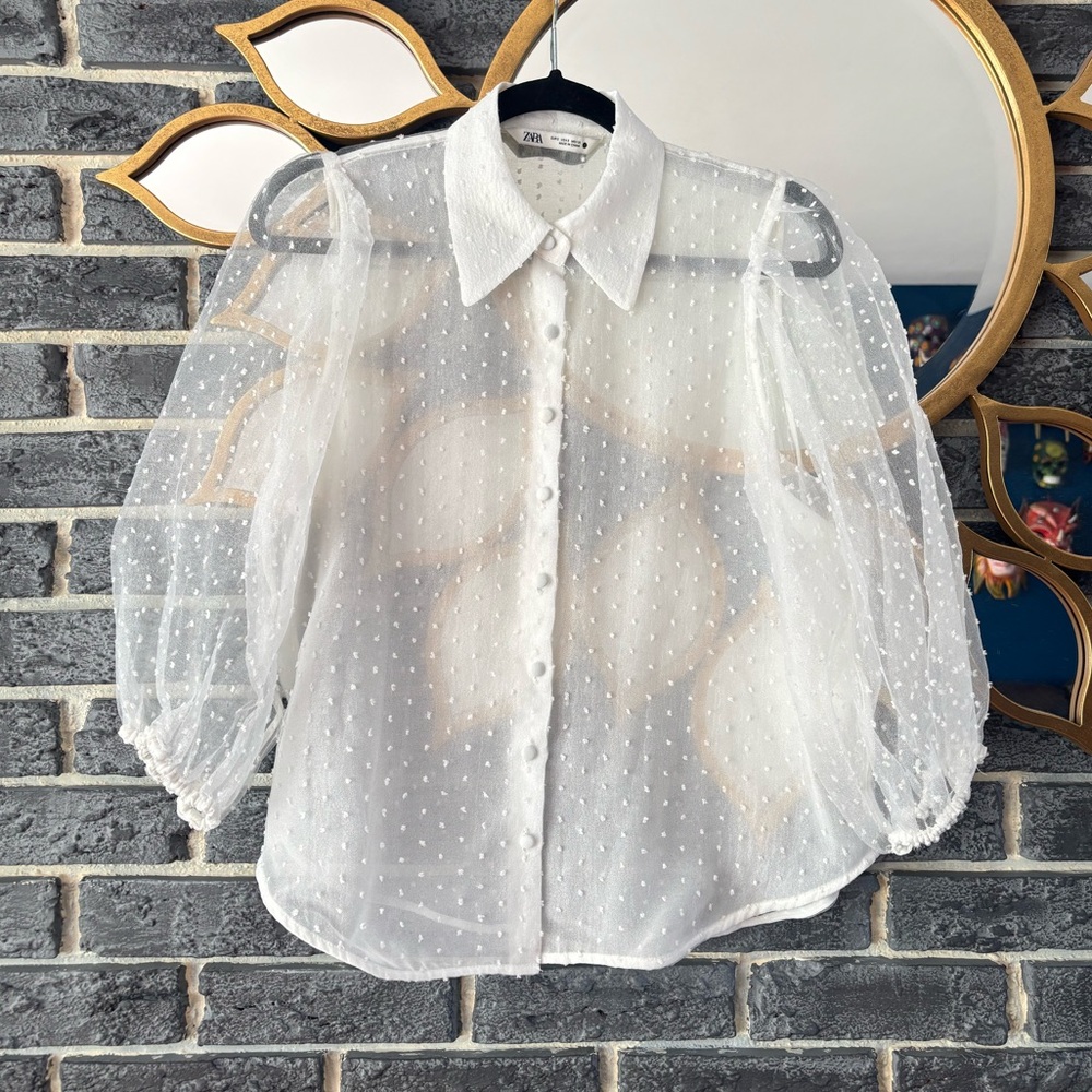 Zara White Sheer Polka Dot Blouse - Picture 2 of 10